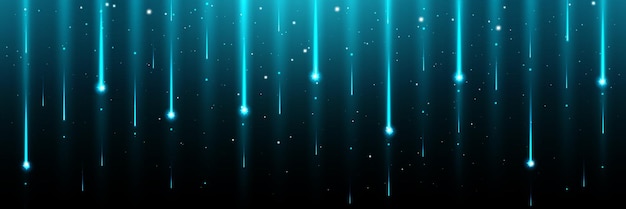 Vettore gratuito pioggia di stelle che brilla bordo orizzontale della pioggia di comete con percorso blu che cade meteorite con effetto bokeh particelle scintillanti stellari o fuochi d'artificio su sfondo scuro vettore realistico