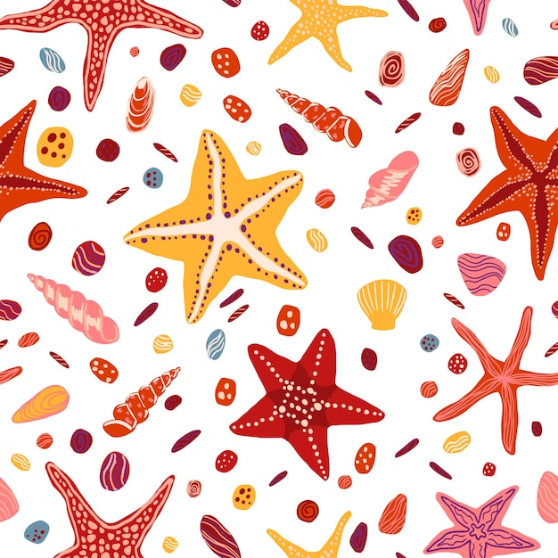 ヒトデ 貝殻 石の平らな手描きのベクトルのシームレスなパターン スカンジナビアスタイルのカラフルな壁紙 夏の海の背景 印刷 ラップ テキスタイル ファブリックの抽象的なデザイン プレミアムベクター