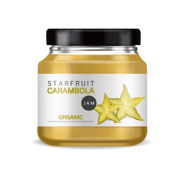 Starfruit 잼 벡터 현실적인 유기농 유리 병 라벨 디자인