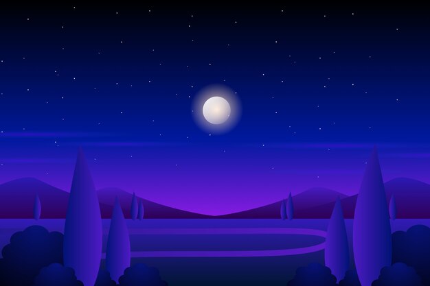 紫色の空と木の風景イラストと丘の中腹の背景 プレミアムベクター