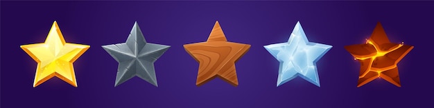 Elementi del punteggio di gioco delle stelle ui ux o gui rate asset metallo dorato in legno cristallo di ghiaccio e texture lavica per l'interfaccia utente dell'app e il display bonus risultato vincitore icone di illustrazione vettoriale dei cartoni animati