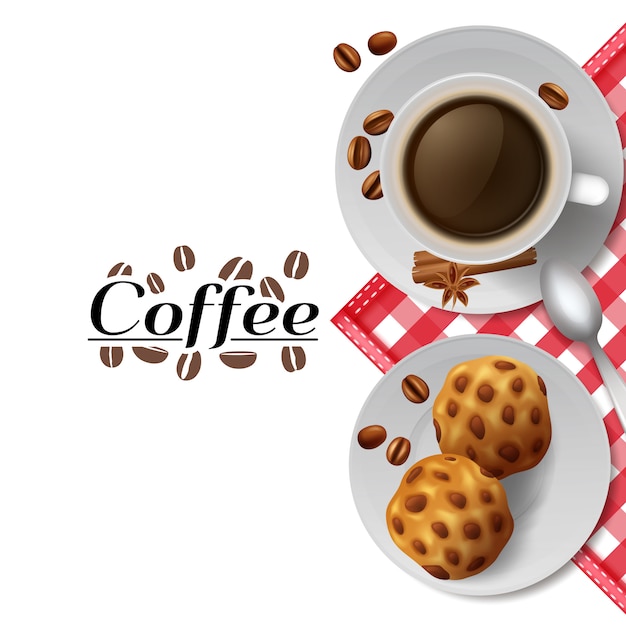 Start day with cup of black coffee with cookies best energizer advertisement poster