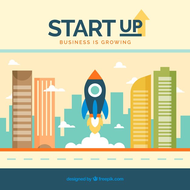 Free vector start up concept with rocket and skyscrapers