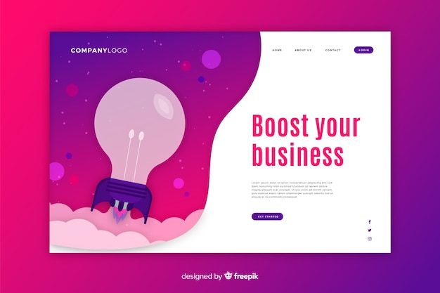 無料ベクター 電球と紫色の背景を持つスタートアップランディングページ