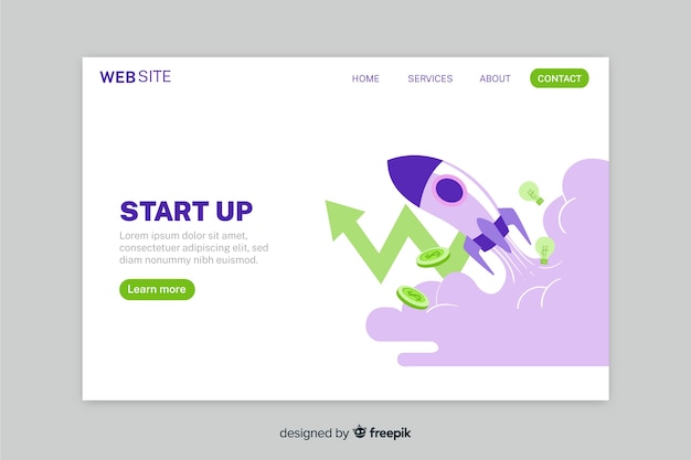 Start up landing page with spaceship and arrow