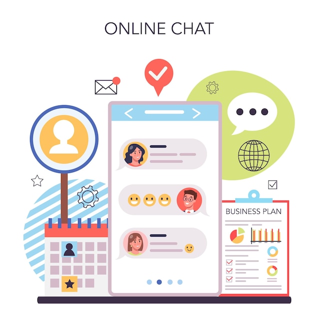Запуск онлайн-сервиса или платформы Идея новой бизнес-стратегии Создание бизнес-плана Онлайн-чат Изолированная плоская векторная иллюстрация