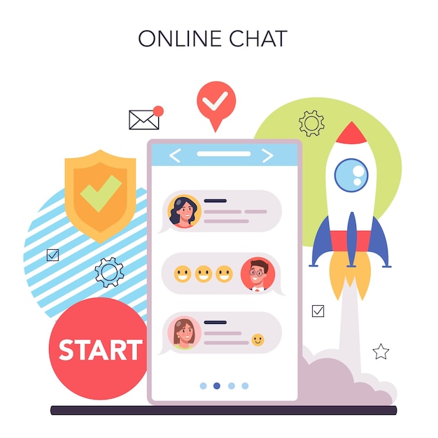 Avviare un servizio o una piattaforma online avvio di nuove attività presentazione e registrazione dell'azienda chat online illustrazione vettoriale isolata