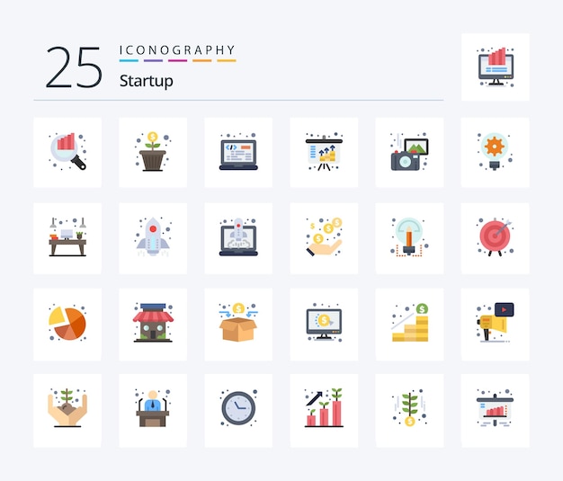 Startup 25 flat color icon pack including photography investment coding income assets