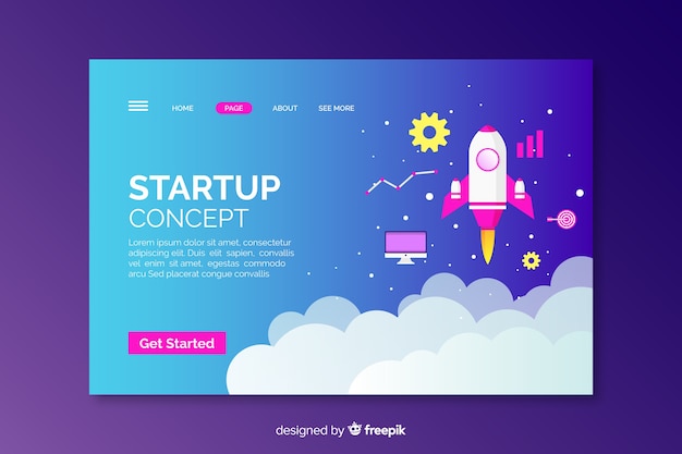 Startup concept with rocket landing page