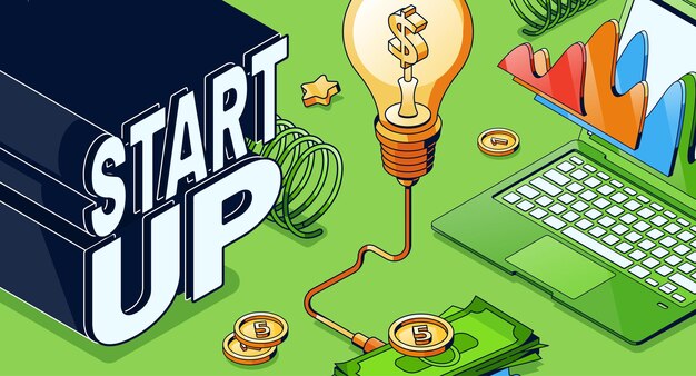 Startup isometric business concept with glowing light bulb, laptop with data chart and money pile. Successful project launch, company idea development and success, 3d vector line art illustration