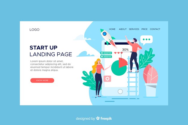 Free vector startup landing page with mobile phone