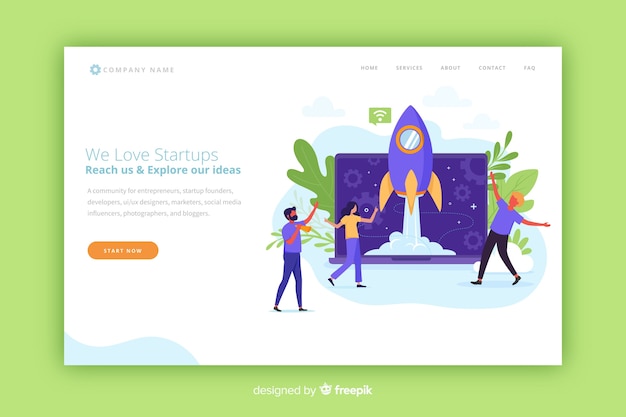 Free vector startup modern landing page with a rocket