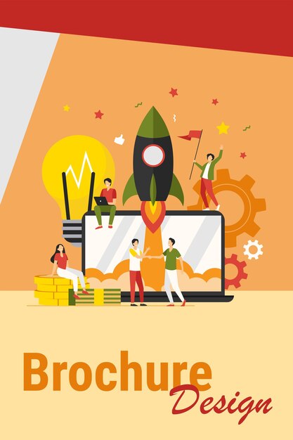 Startup project concept. Business team working on new idea, launching rocket from laptop, celebrating successful start. Vector illustration for teamwork, entrepreneurship, innovation concept