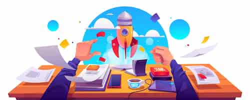 Free vector startup project launch, business innovation idea realization, development. rocket take off with smoke cloud from working place with documents, male hand push start button, cartoon vector illustration.