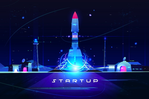 Startup rocket, launch of marketing idea, new company launching