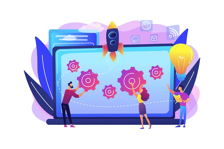 Free Vector startup team receive mentoring and training to accelerate growth and laptop. startup accelerator, seed accelerator, startup mentoring concept. bright vibrant violet  isolated illustration