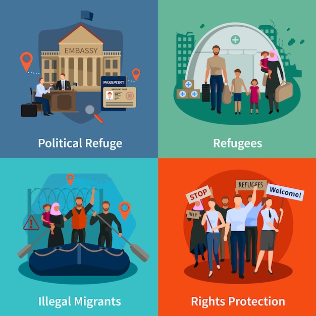 Бесплатное векторное изображение Концепция беженца без гражданства набор политических беженцев защита прав нелегальных иммигрантов