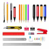 Free vector stationery assortment set of rulers pencils markers and other items isolated on white background realistic vector illustration