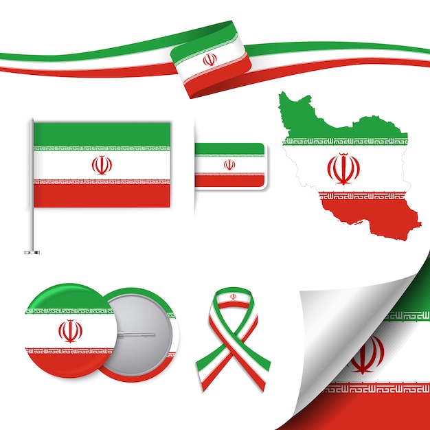 Stationery elements collection with the flag of iran design