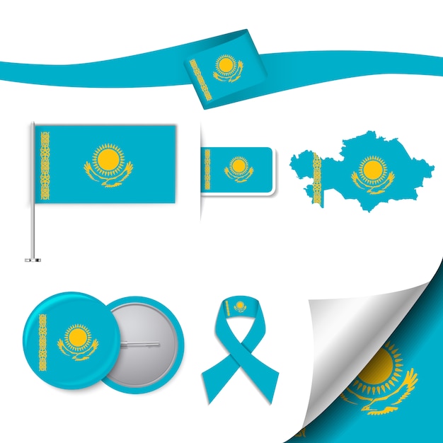 Stationery elements collection with the flag of kazakhstan design