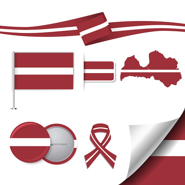 ラトビアデザインの旗が付いているステーショナリー要素コレクション