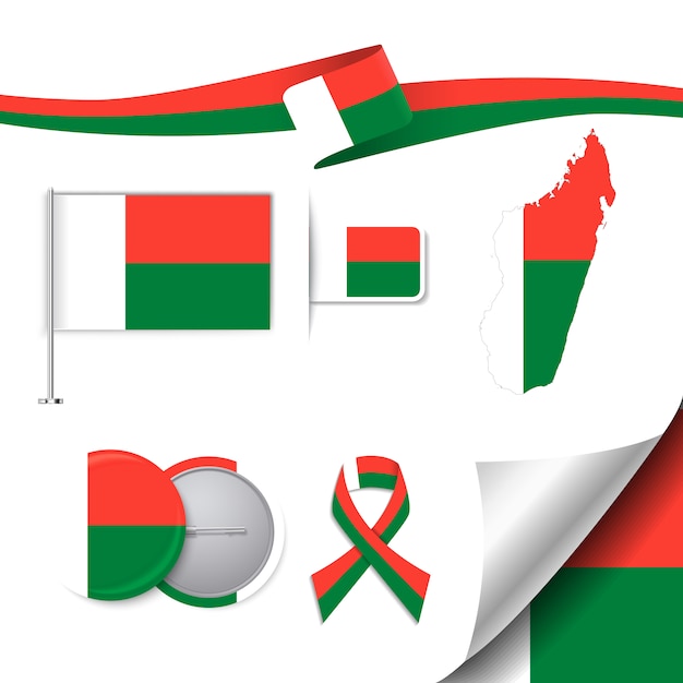 Stationery elements collection with the flag of madagascar design