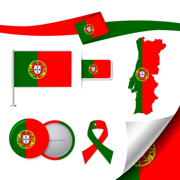 ポルトガルのデザインの旗のステーショナリー要素コレクション
