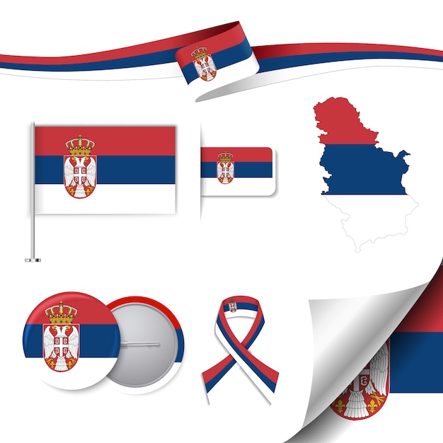 Collezione di elementi di cancelleria con la bandiera del design serbo