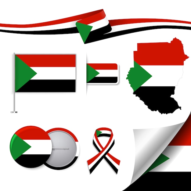 Stationery elements collection with the flag of sudan design
