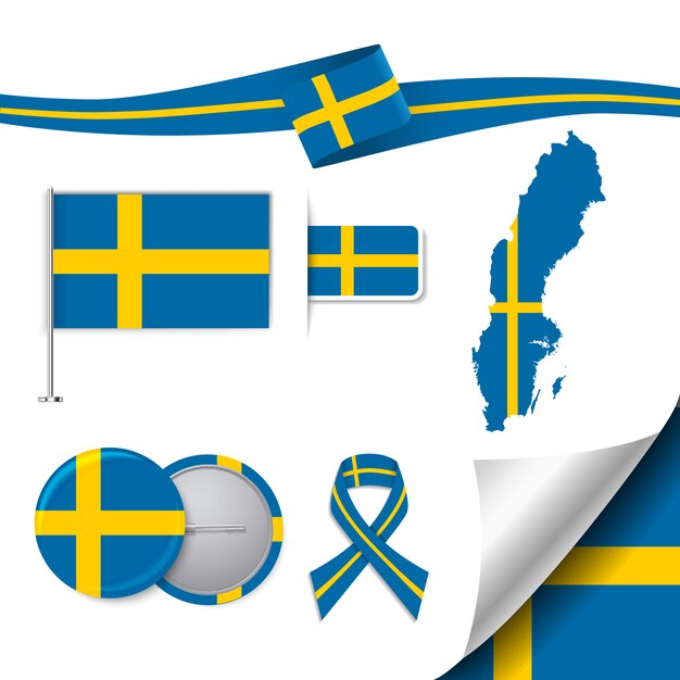 Stationery elements collection with the flag of sweden design