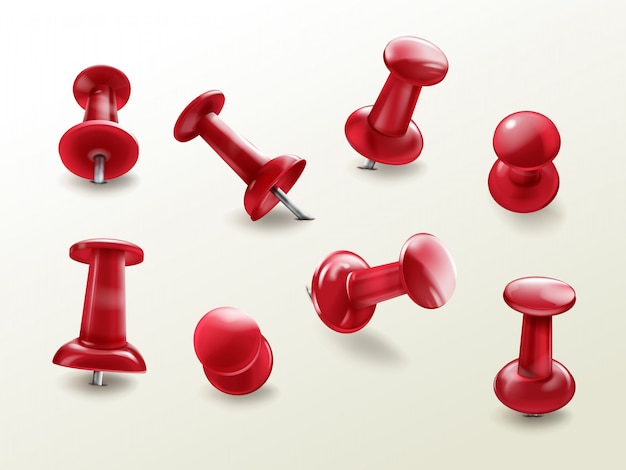 Free vector stationery office thumbtack, realistic set of red glossy push pins for fixing on board remind