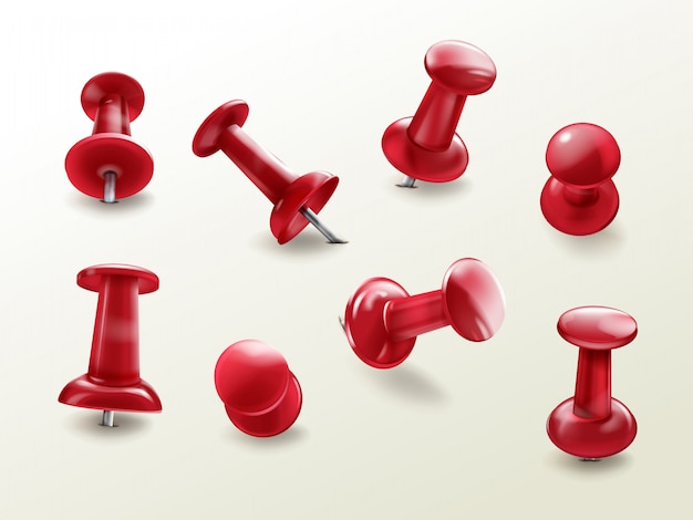 Stationery office thumbtack, realistic set of red glossy push pins for fixing on board remind
