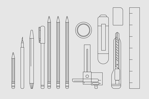 Stationery outline, vector illustration set