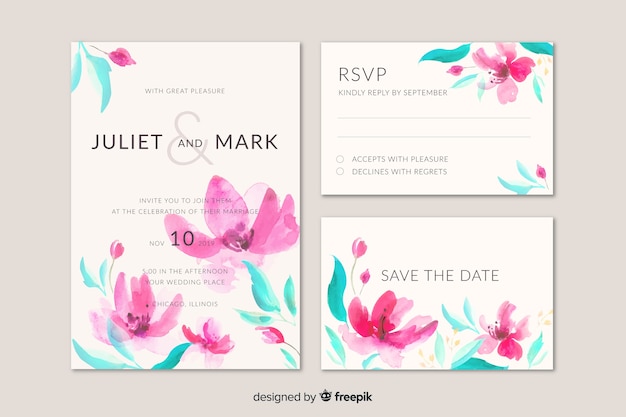 Free vector stationery watercolor wedding template set