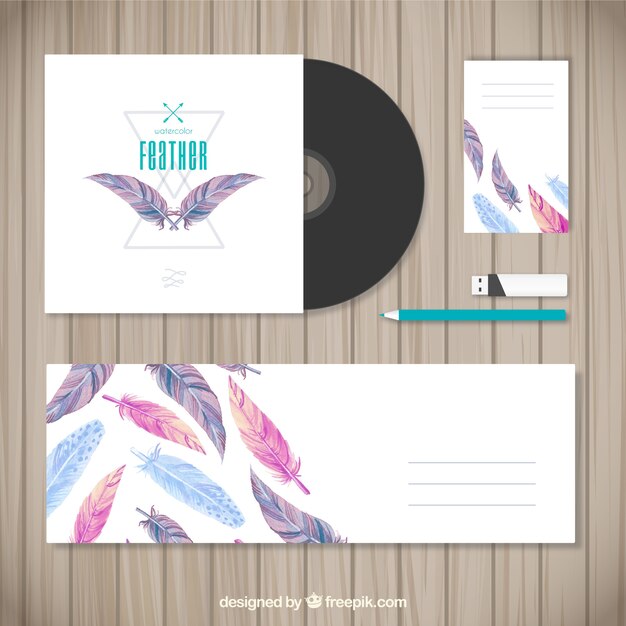 Stationery with watercolor feathers