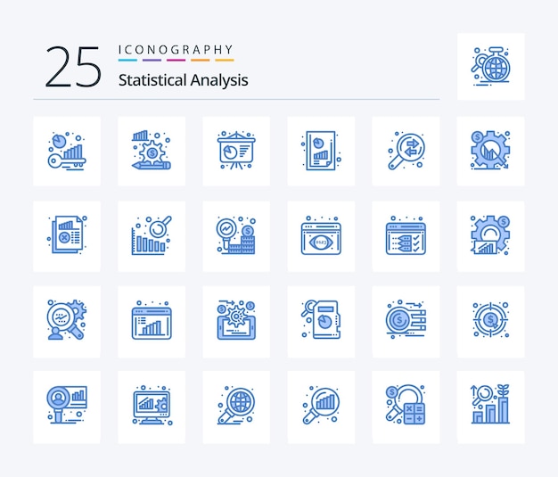 Analisi statistica 25 pacchetto di icone di colore blu che include l'analisi del grafico di presentazione aziendale di scambio di affari prestazioni finanziarie