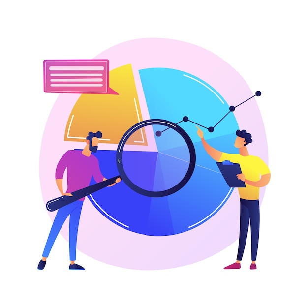 Statistical analysis. Man cartoon character with magnifying glass analyzing data. Circular diagram with colorful segments. Statistics, audit, research.  