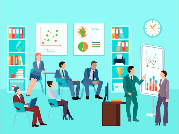 Caratteri del lavoratore di analisi dei dati di statistiche che incontrano composizione con la sessione di lavoro del personale