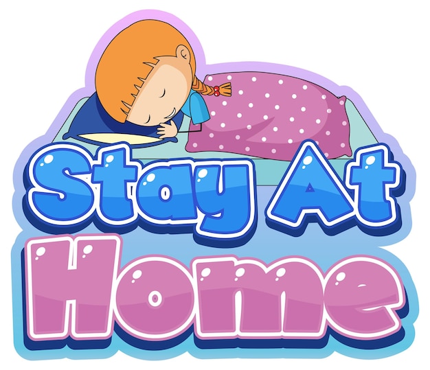Бесплатное векторное изображение Дизайн шрифта stay at home с маленьким спящим на белом фоне