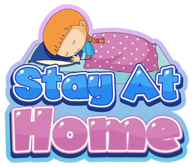 Дизайн шрифта stay at home с маленьким спящим на белом фоне