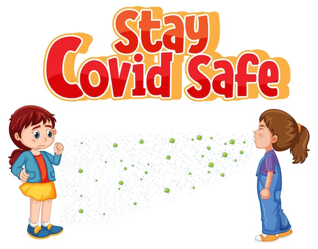 Шрифт Stay Covid Safe в мультяшном стиле с двумя девушками, сохраняющими социальную дистанцию на белом фоне