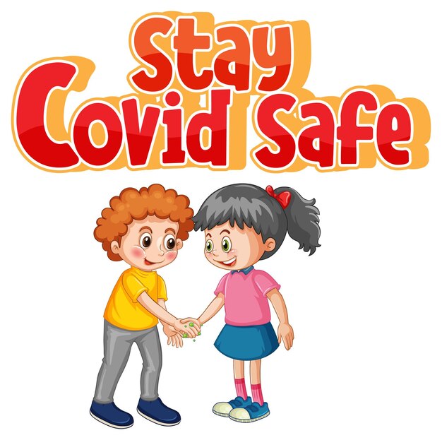 두 아이와 함께 만화 스타일의 Covid Safe 일러스트를 유지하면 사회적 거리를 흰색으로 격리하지 않습니다.