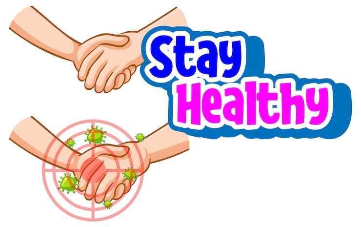 Free Vector stay healthy font with hands holding together with coronavirus icon