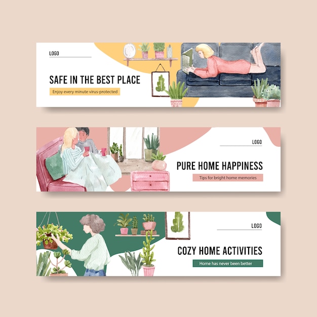 Stay at home banner concept with people character make activity,gardening and relaxing illustration watercolor design