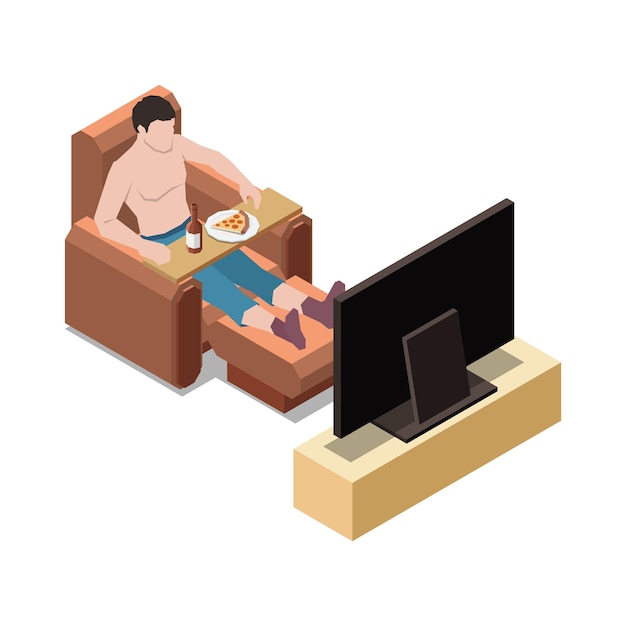 Оставайтесь дома изометрическая композиция с мужским персонажем, смотрящим телевизор с иллюстрацией нездоровой пищи