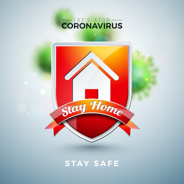 Stay home. stop coronavirus design with covid-19 virus and shield on light background.