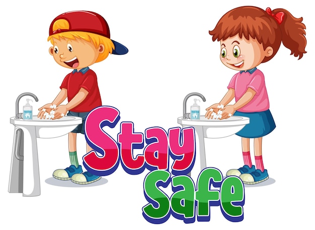 Logo stay safe con due bambini che si lavano le mani con il sapone isolato