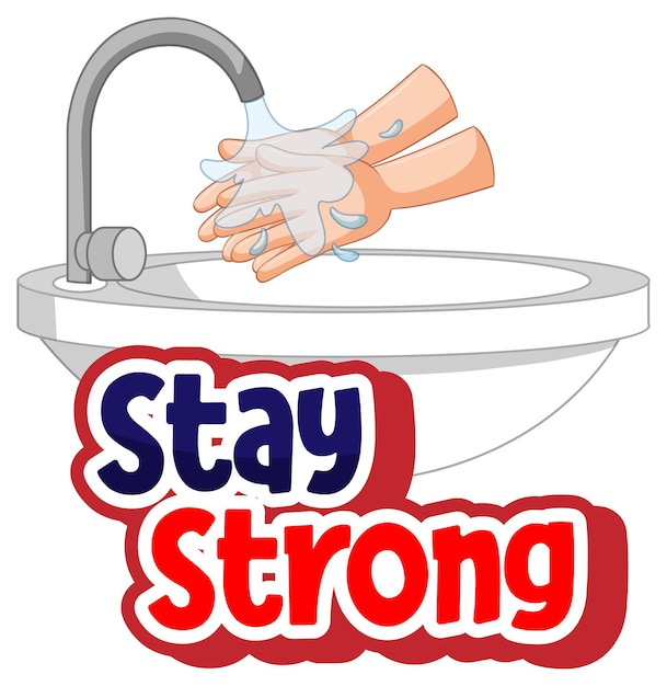 Vettore gratuito stay strong design dei caratteri con diffusione di virus da strette di mano su sfondo bianco