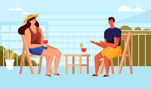 Free vector staycation at home balcony with woman and man