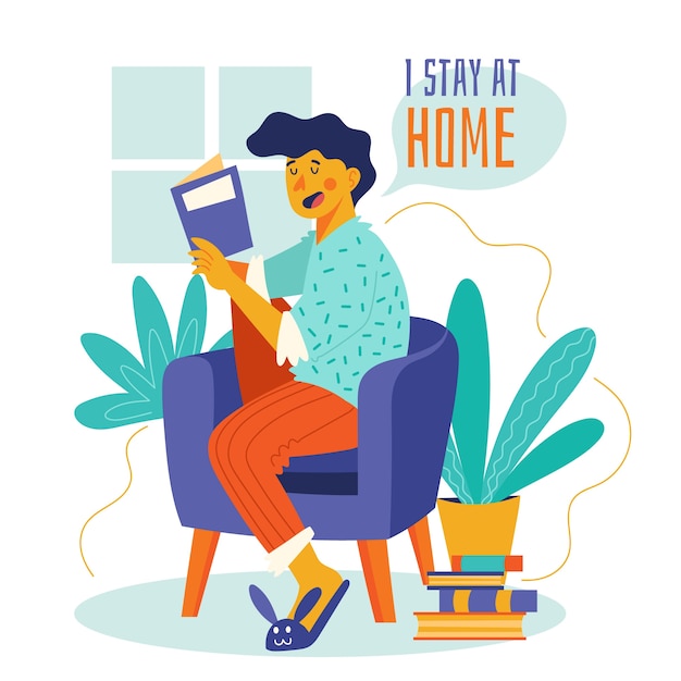 Бесплатное векторное изображение Оставаться дома, читать концепцию на диване